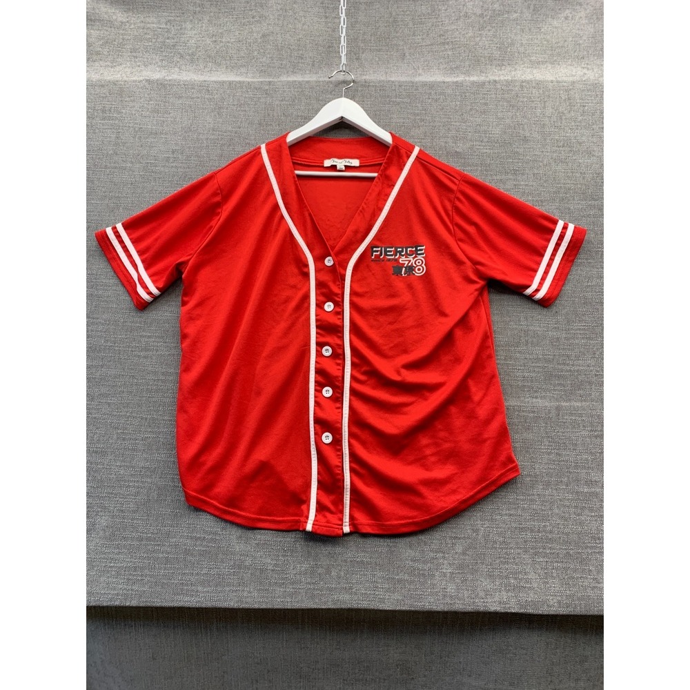 Vine & Valley Baseball Jersey Womens XL Orange‎ Logo Graphic Print Button Front
